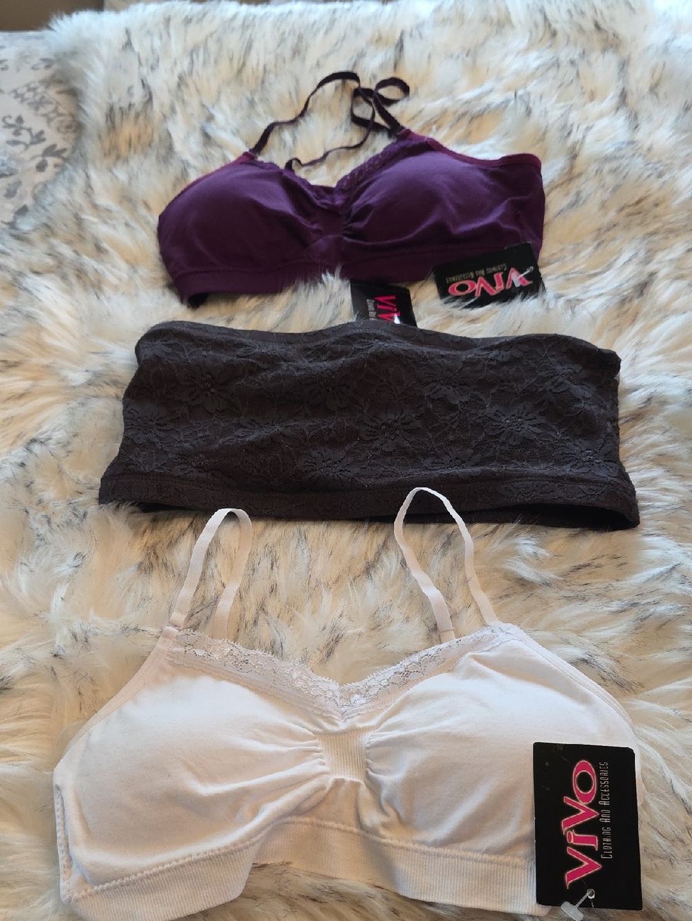 Vivo Lace-Trim Bralettes 3- Plum, White, Brown Lase NWT